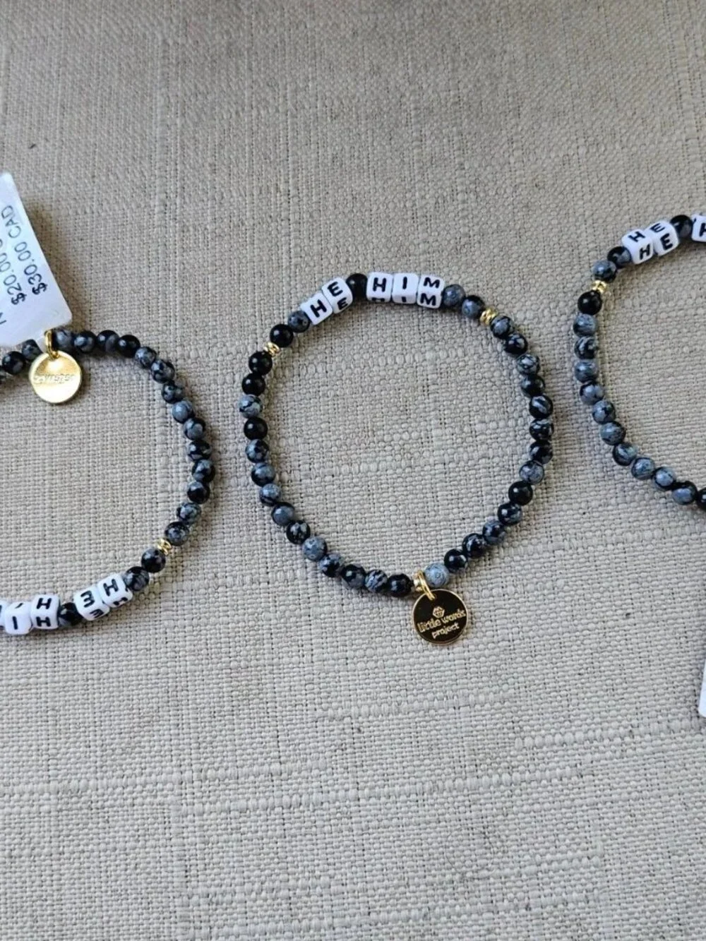 Little Words Project Bracelet Black Beands HE HIM Wrist Band Stretched Lot of 3